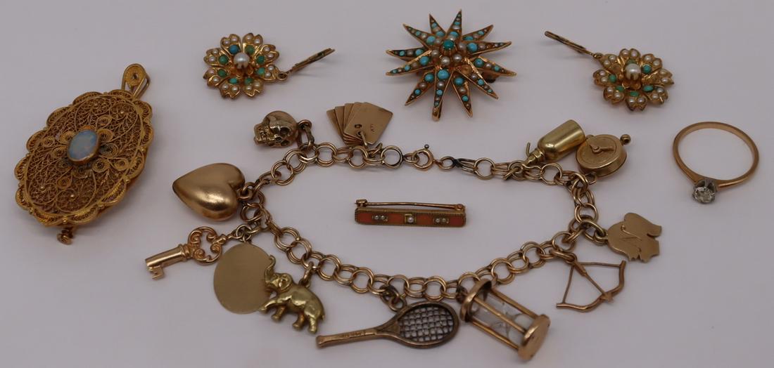 JEWELRY. Assorted Antique/Vintage Gold Grouping.: Includes a signed 14kt yellow gold filigree brooch or pendant with central bezel set opal - stamped verso, "14K AB"; a 14kt yellow gold bar pin or diaper pin with pink enamel decoration and 