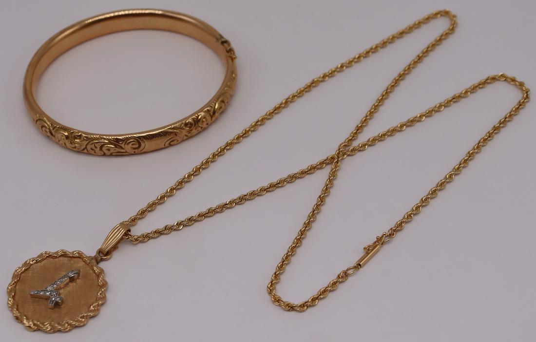 JEWELRY. Vintage/Antique 14kt Gold Jewelry Group.: Includes a 14kt yellow gold rope twist chain - stamped, "14k"; suspending a circular 14kt yellow gold pendant with rope twist surround and central applied diamond inlaid "American Frien