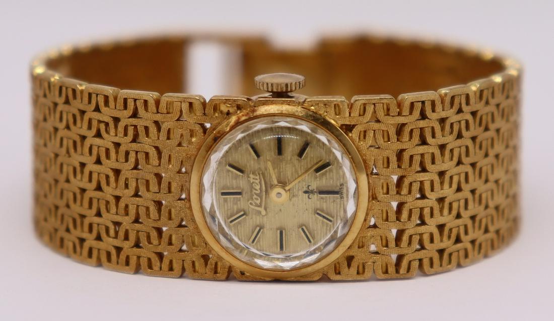 JEWELRY. Vintage Lorett 18kt Gold Ladies Watch.: Vintage ladies Lorett 18kt yellow gold watch and bracelet. Watch face is stamped verso, "Corletto 18K 0.750 Italy". With a Corletto movement, 17 jewels. Watch bracelet is stamped, "Ital