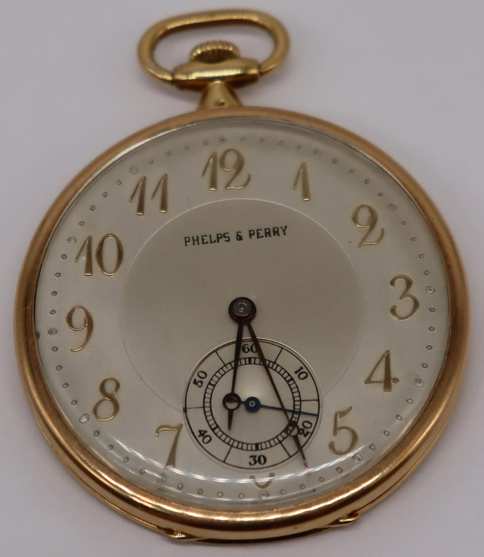 JEWELRY. Phelps & Perry Platinum and 18kt Gold: Pocket Watch. Phelps and Perry 18kt yellow gold open face pocket watch with platinum watch backing and subsidiary seconds dial. Phelps & Perry movement inscribed, "Phelps & Perry 5 ADJ. 1