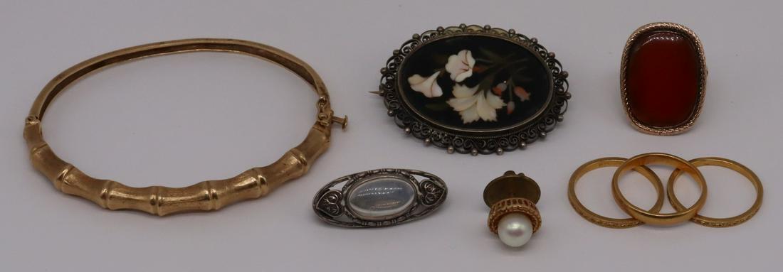 JEWELRY. Assorted Estate Gold and Silver Jewelry.: Include a hinged 14kt yellow gold bamboo form bracelet - stamped, "14k"; a silver mounted oval form moonstone brooch with applied heart pendants, stamped verso, "SILVER"; a silver 