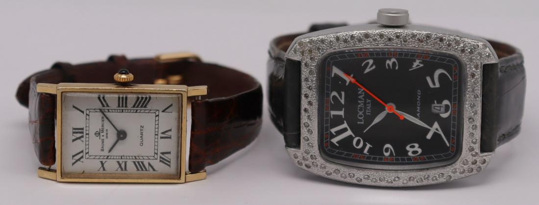 JEWELRY. Baume & Mercier and Locman Watch Grouping: Includes a Baume & Mercier 14kt yellow gold rectangular watch face - with sapphire cabochon crown, with Baume & Mercier BM 17CO quartz movement; on a Tourneau Genuine Lizard watch band, size - 14 R. A