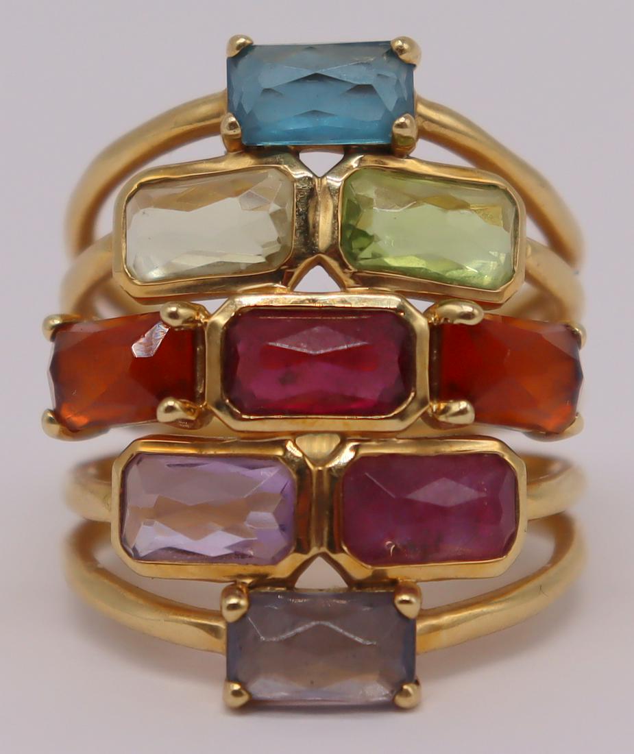 JEWELRY. Ippolita 18kt Gold and Colored Gem Ring.: Ippolita 18kt yellow gold multi-band ring set with (9) rectangular faceted colored gems. Stamped, "Ippolita 18K". Total approx. weight of ring is 7.0 dwt (gross). Ring size - 7. From the familial esta