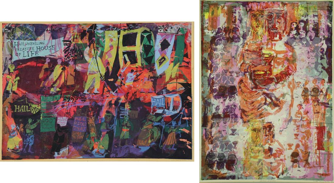 SISTER CORITA KENT (AMERICAN, 1918-1986).: Pair of screenprints. "All Nations Shall Come", signed lower right, titled lower left, 16" high x 22" wide; "At Cana with Galilee", signed lower left, titled lower center