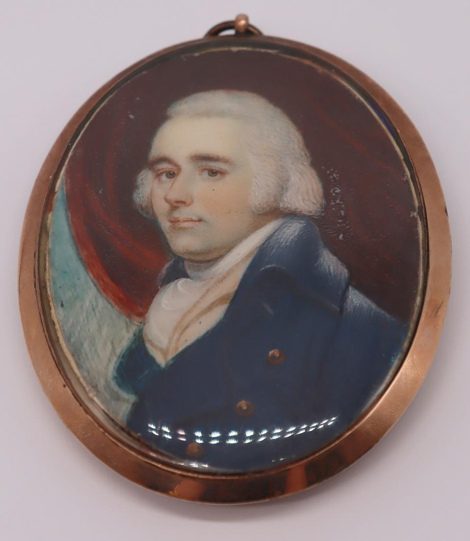Miniature Portrait Plaque of a Gentleman.: Miniature portrait plaque of a gentleman in oval frame. Most probably French. Blue guilloche enamel decoration verso with a central woven hair locket and gilt monogram of, AC?". From a Westchester, NY