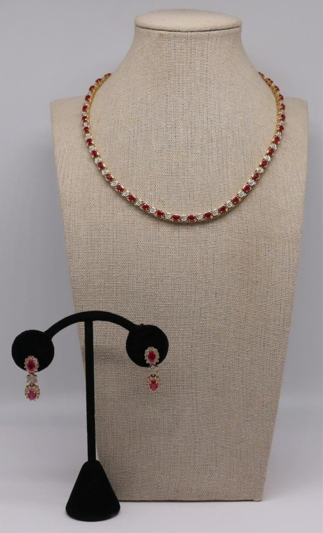 JEWELRY. 14kt Gold, Ruby, and Diamond Jewelry.: Includes a 14kt yellow gold articulated choker length necklace comprised of alternating oval cut faceted rubies and pave diamond accents - total of (43) oval cut rubies measuring approx. 4.0mm x 3.0mm