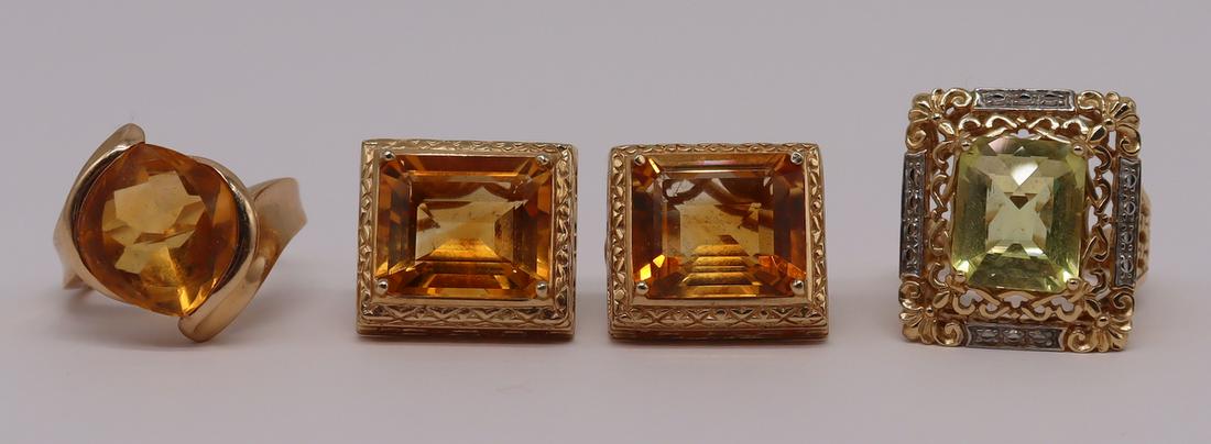 JEWELRY. 14kt Gold and Colored Gem Jewelry.: Includes a signed 14kt yellow gold ring with central faceted orange gem, stamped to interior of band, "A© 14K", ring size - 71/2; a pair of signed rectangular 14kt yellow gold earrings with central o