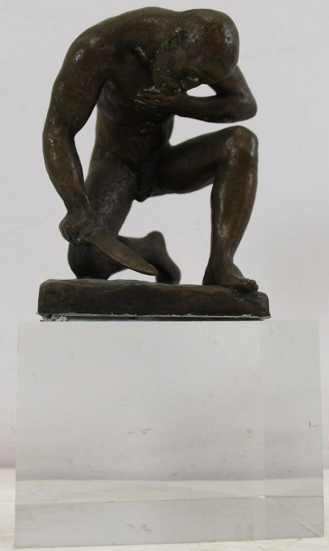 HERMANN GEIBEL (GERMAN, 1889-1972).: Bronze on Lucite base. Soldier. Signed on base. From a Central Park West, NY collection. - Dimensions: 5" d x 5" w x 7.5" h (without base)