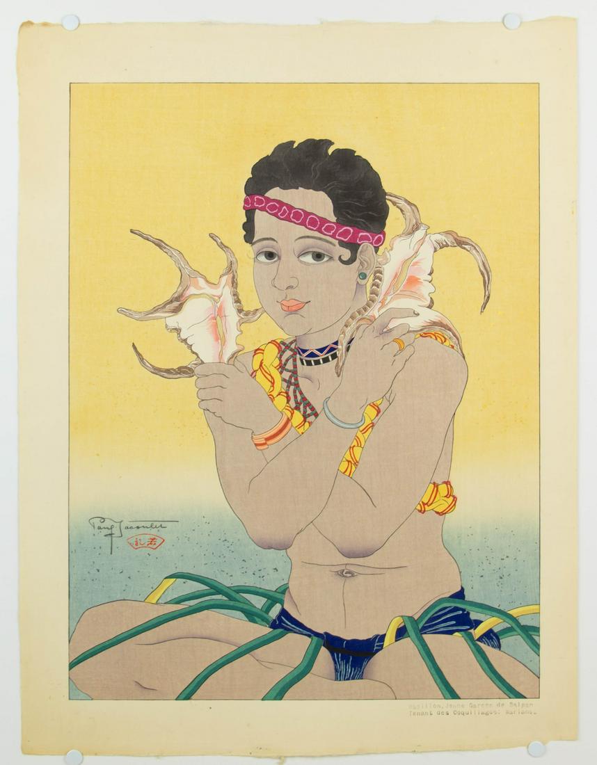 JACOULET, Paul (French, 1902-1960): "Basilio, Jeune Garcon de Saipan Tenat Des Coquillages. Marianes" with artist blindstamp, edition 159/350. Embellishments of flecks of silver and gold to background. See Richard Miles, pl. 3