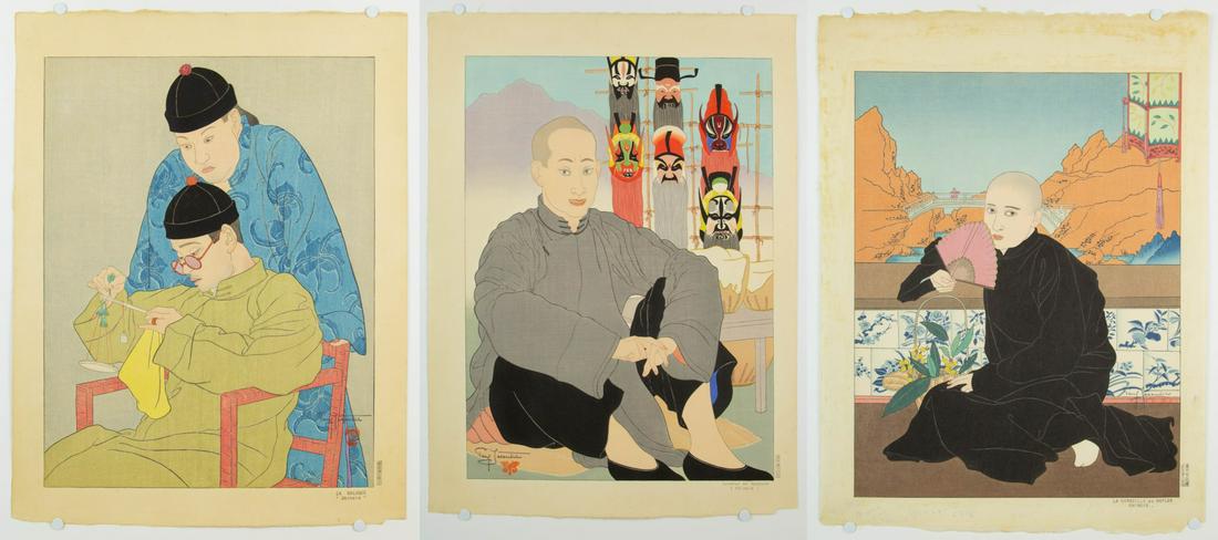 JACOULET, Paul (French, 1902-1960): "La Balance," with Maeda Kentaro carver's seal, artist blindstamp, and marked kanji edition 6/150 to verso, 18.5" h x 14" w.; "Vendeur de Masques," with artist blindstamp