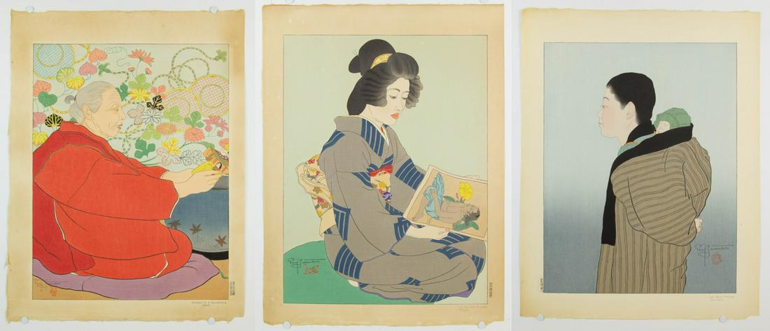 JACOULET, Paul (French, 1902-1960): "Souvenirs d'Autrefois," with artist blindstamp, Maeda Kentaro carver's seal and marked edition 33/350 to verso, 18.5" h x 14.5" w.; "La Geisha Kiyoka," with artist blind