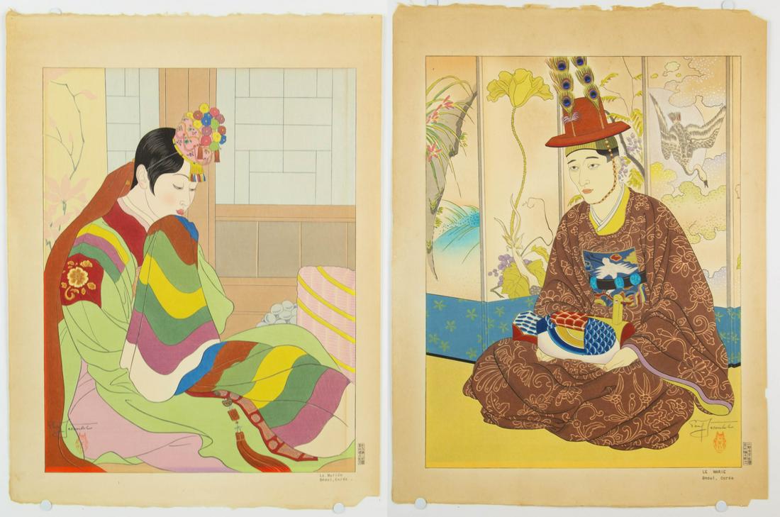 JACOULET, Paul (French, 1902-1960): "La Mariee," and "Le Marie," both with Artist Proof seal to verso and watermark visible along left margin. From a Scarsdale, NY estate. - Dimensions: Each 18.75" h x 14" w.