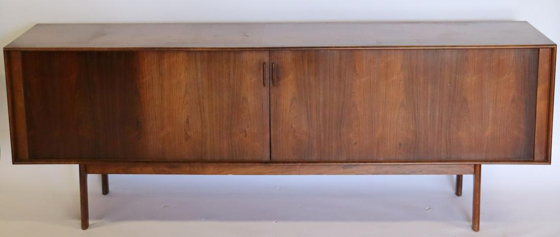 Midcentury. Peter Lovig Rosewood Tambour Credenza: label in drawer and from a Central Park West NYC estate. - Dimensions: 86.5" x 19" x 31.5"