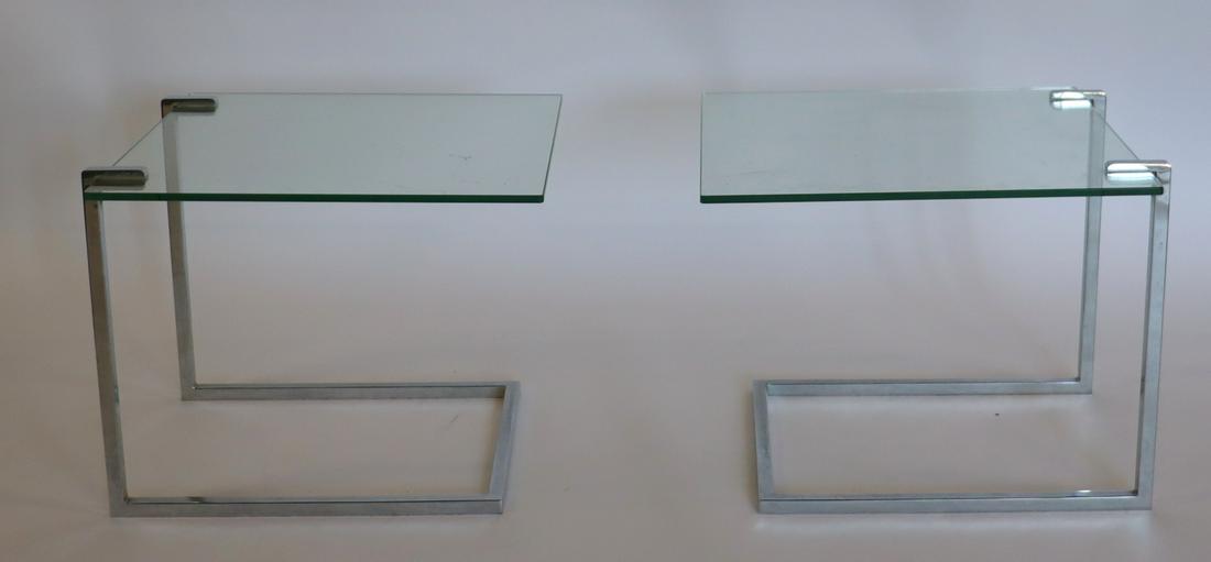 Midcentury Pair Of Chrome And Glass End tables.: Nice quality L Shape and from a West Side NYC estate. - Dimensions: 22" x 22" x 18"