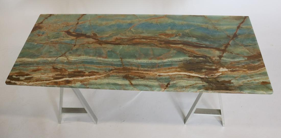 Vintage Alabaster Top Coffee Table With Alluminium: Saw Horse Legs ., From a Central Park West NYC estate . - Dimensions: 23" x 51" x 16.5"H