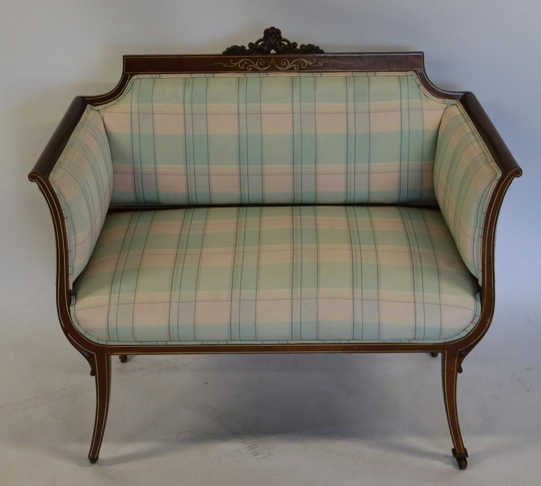 Fine Quality Edwardian Upholstered And Inlaid: Settee. Nice size and shape and from a Scarsdale estate. - Dimensions: 41" w x 22.5" d x 36.5" h