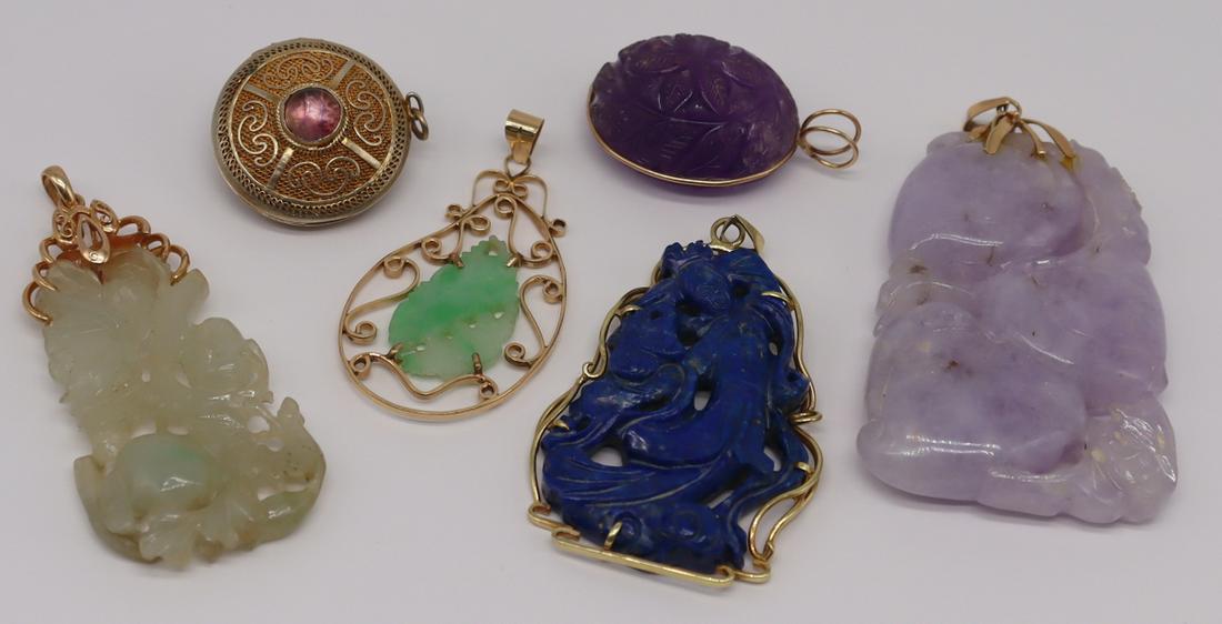 JEWELRY. Assorted Asian Inspired Jewelry.: Includes a 14kt yellow gold mounted carved lavender jade pendant depicting peach blossom - stamped, "585 14K" to bail; a 14kt yellow gold mounted pendant with central jade carving of a leaf 