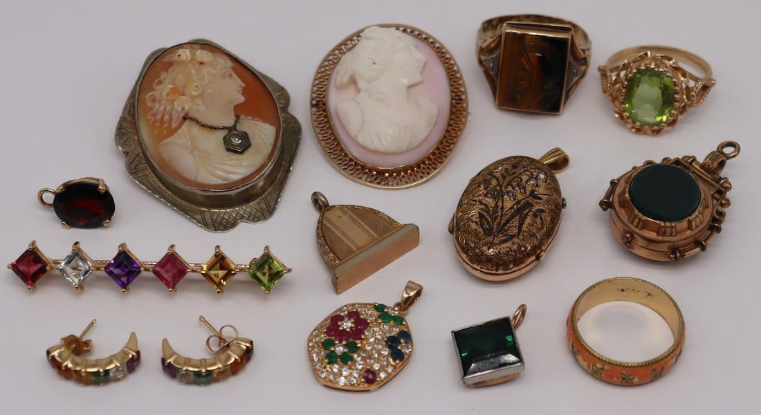 JEWELRY. Ladies Gold Jewelry Grouping.: Includes a 3 piece 14kt gold suite comprised of a brooch and pair of earrings inlaid with gradated colored gems - stamped, "14K"; a 14kt yellow gold mounted carved cameo of a beauty with pav