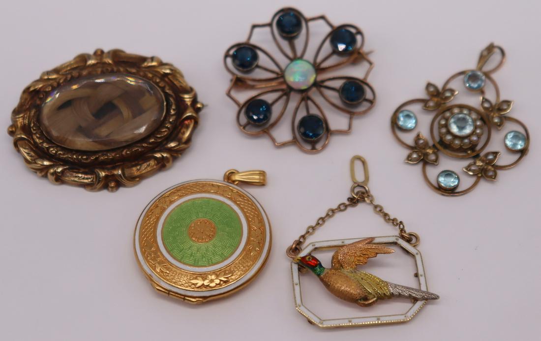 JEWELRY. Antique/Vintage Pendant and Brooch Group.: Includes a gold-filled Victorian hair locket with monogram verso; an English 15ct yellow gold pendant comprised of an octagonal frame with white enamel decoration and an applied enamel decorated pheas