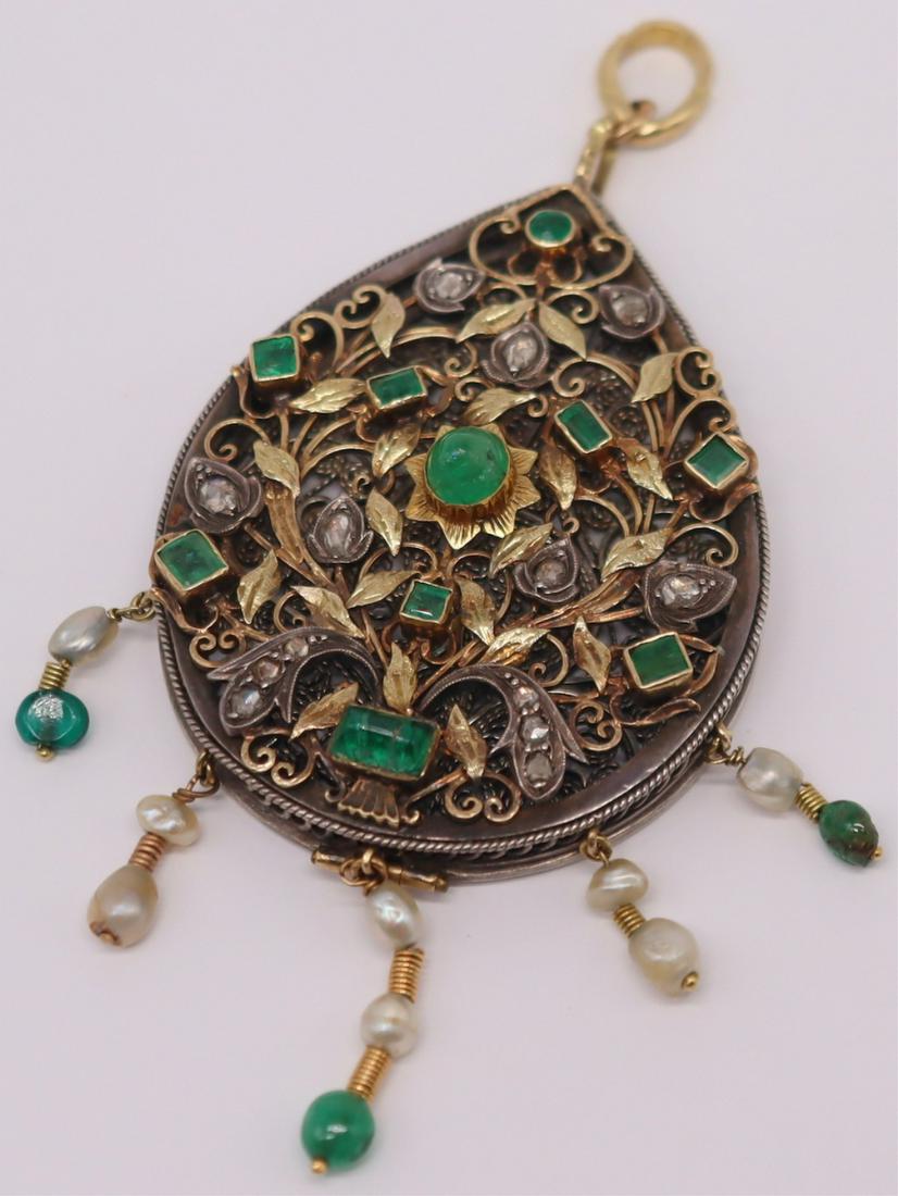 JEWELRY. Emerald?, Diamond, and Pearl Pendant.: Possibly antique Spanish? oversized pendant comprised of an openwork gilt foliate pendant inlaid with rose cut diamonds and emeralds. Later applied to a silver filigree pear-shaped pendant with the ad