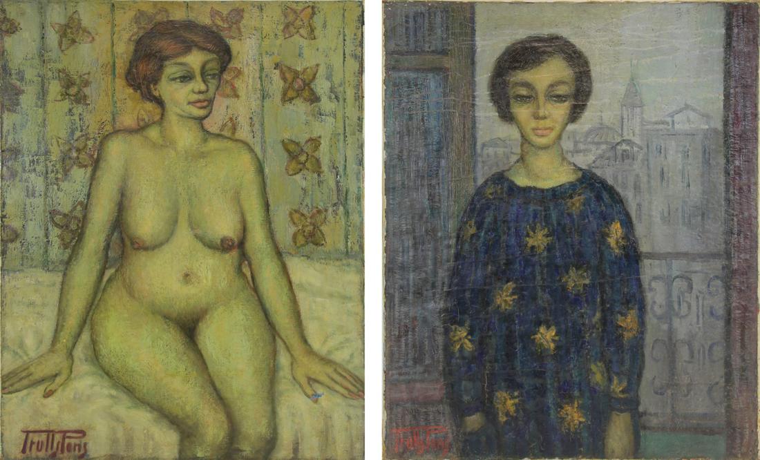ANTONI TRULLS PONS (SPANISH, b. 1926).: Pair of oils on canvas. Nude, signed lower left, scattered losses, craquelure, 39.25" high x 25" wide; Portrait of a Lady, signed lower left, heavy craquelure, 39" high x 32" wide.