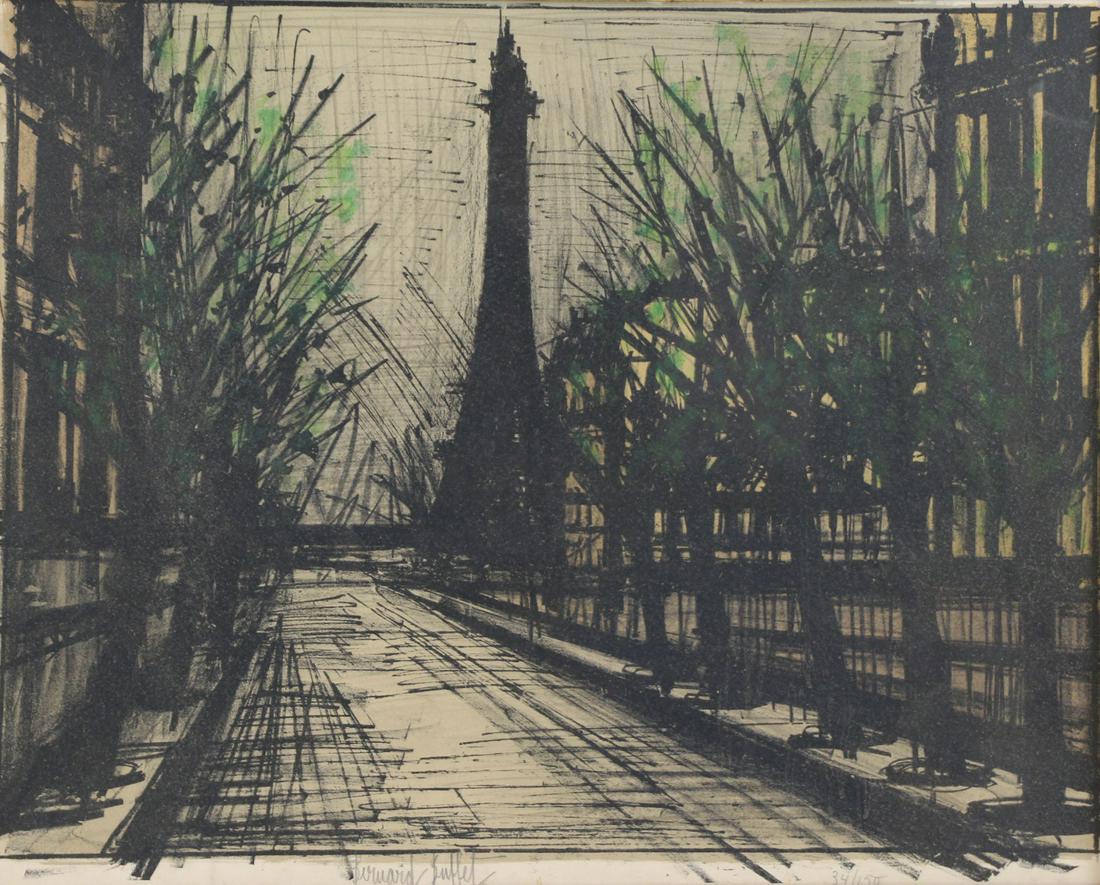 BERNARD BUFFET (FRENCH, 1928-1999).: Color lithograph. "La Tour Eiffel". Signed lower center. No. 34 from an edition of 150. From a Scarsdale, NY collection. - Dimensions: 21" high x 26" wide