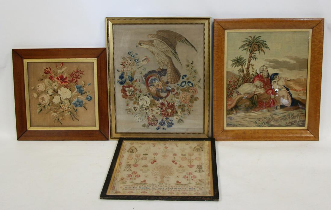 3 Framed Antique Needlepoints And A Sampler . (1 of 7)