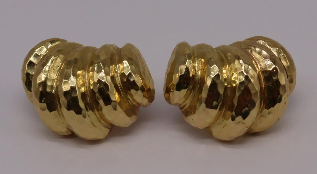 JEWELRY. Pair of 14kt Gold Handhammered Earrings.: Pair of 14kt yellow gold handhammered earrings of ribbed design. In the style of Henry Dunay. Stamped, "14k" verso. Total approx. weight of 16.3 dwt (gross). From a Larchmont, NY estate. Dim