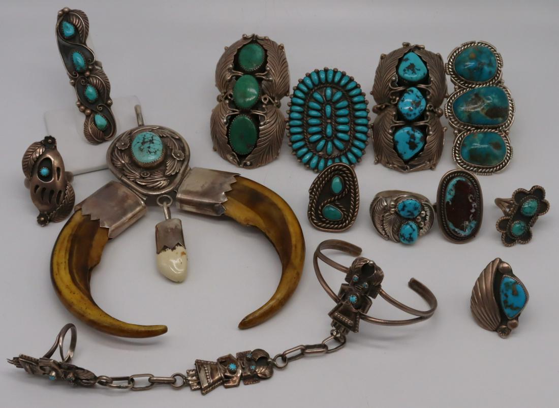 JEWELRY. Assorted Turquoise Jewelry Grouping.: Includes a signed men's sterling ring comprised of (3) stacked turquoise nuggets - stamped verso, "RN Sterling", ring size - 13; a men's sterling shadow box style ring with a central band of