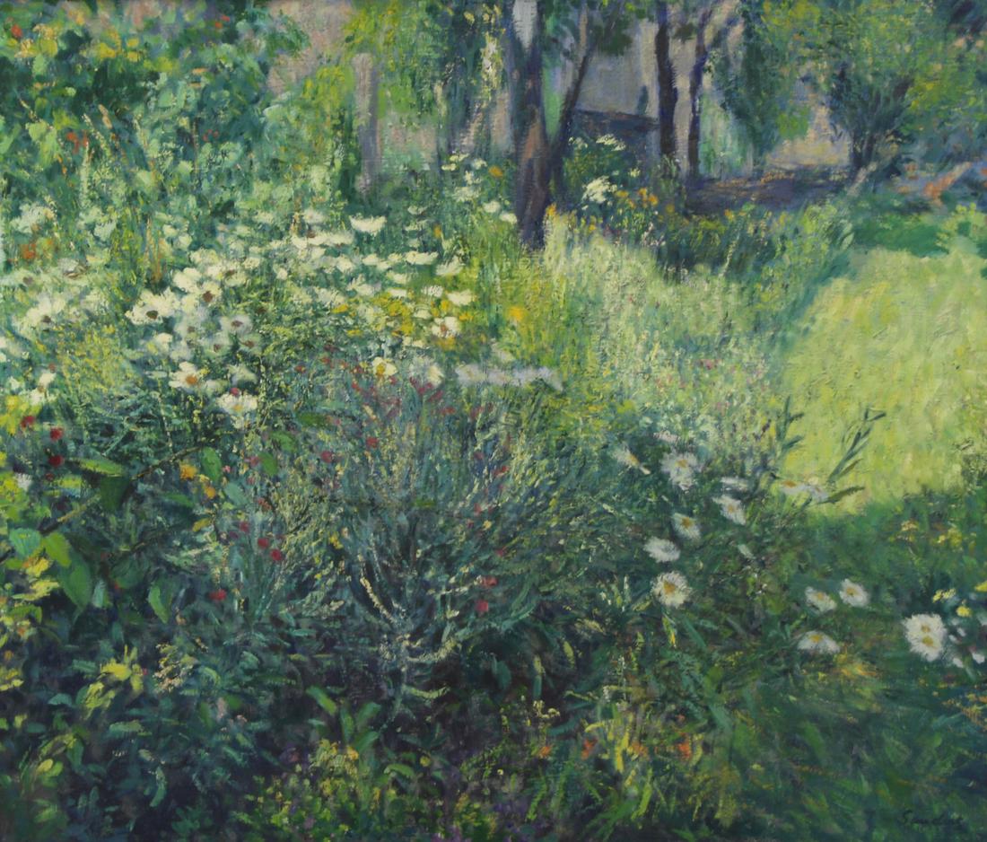CHRISTOPHER SANDERS (ENGLISH, 1905-1991).: Oil on Canvas. Corner of a Garden. From an Upper East Side, NY collection. - Dimensions: 24" high x 28" wide