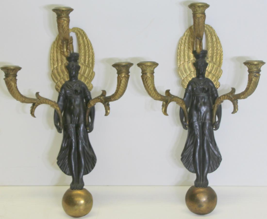 Fine Pair Of Empire Gilt And Patinated Bronze: Figural Sconces. Nice patina and chasing from a Rye NY estate. - Dimensions: 15" x 9"
