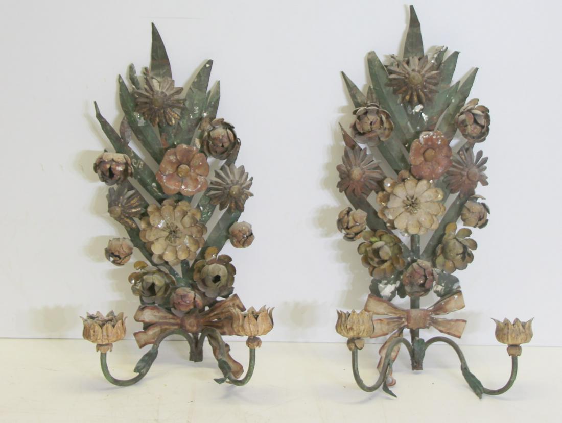 Antique Pair Of Tole Floral Form Sconces (1 of 17)