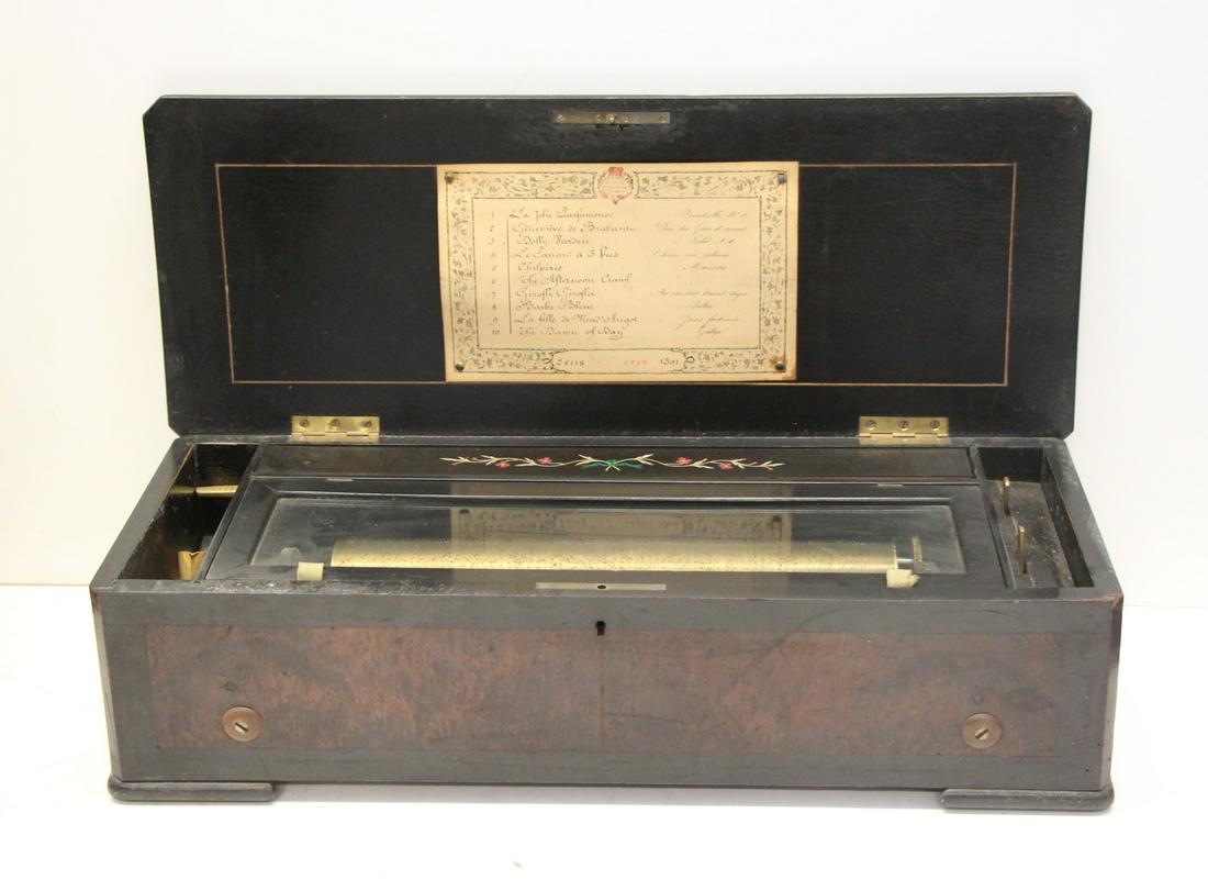 Antique Swiss 10 Tune Cylinder Music Box: From a Co OP city Bronx NY estate . - Dimensions: 6.5 " 22" x 9"