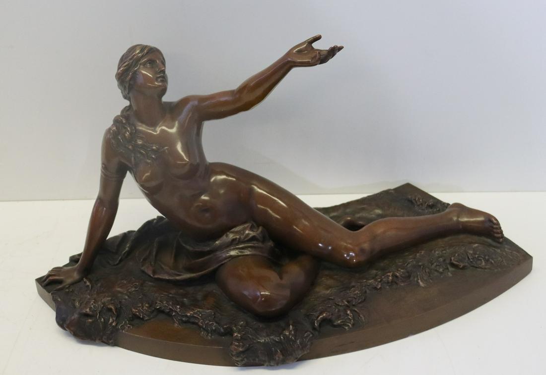 Unsigned And Finely Executed Bronze Reclining: Nude. Nice original patina and from a Brooklyn estate. - Dimensions: 18" x 9"