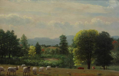 NELSON AUGUSTUS MOORE (AMERICAN, 1824-1902).: Oil on Canvas. Sheep in a Meadow. Signed lower left. From a Rhinebeck, NY collection. - Dimensions: 12" high x 18.5" wide