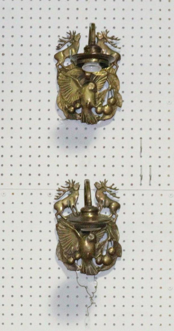 A Pair Of Antique French Figural Sconces.: Good heavy quality decorated with a Deer, Birds and Fruit. From a Mamaroneck estate. - Dimensions: 7.5" w x 10.5" h x 12" d