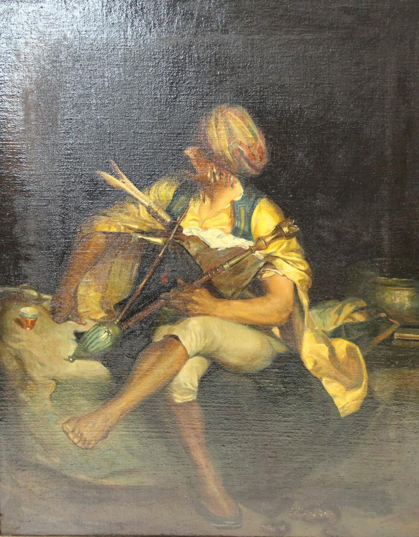 Unsigned Oil On Canvas Musician In Turban. (1 of 4)