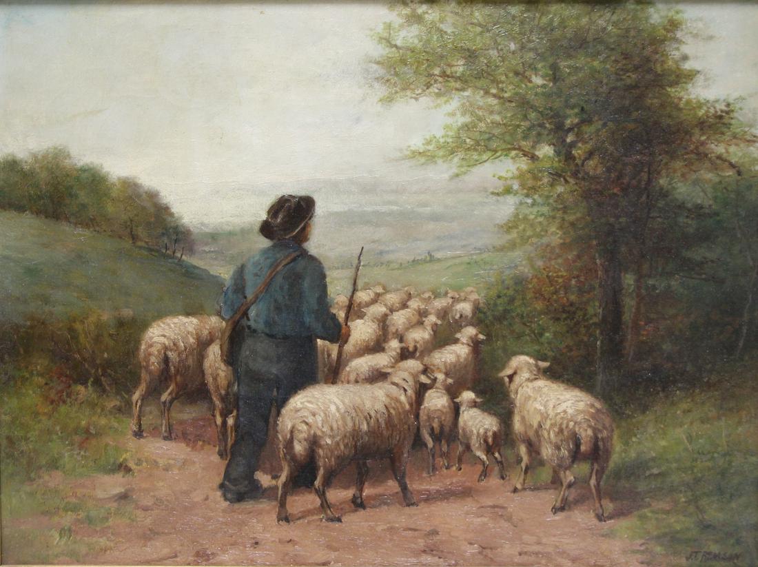 Illegibly Signed Oil On Canvas Sheep Herder. (1 of 5)