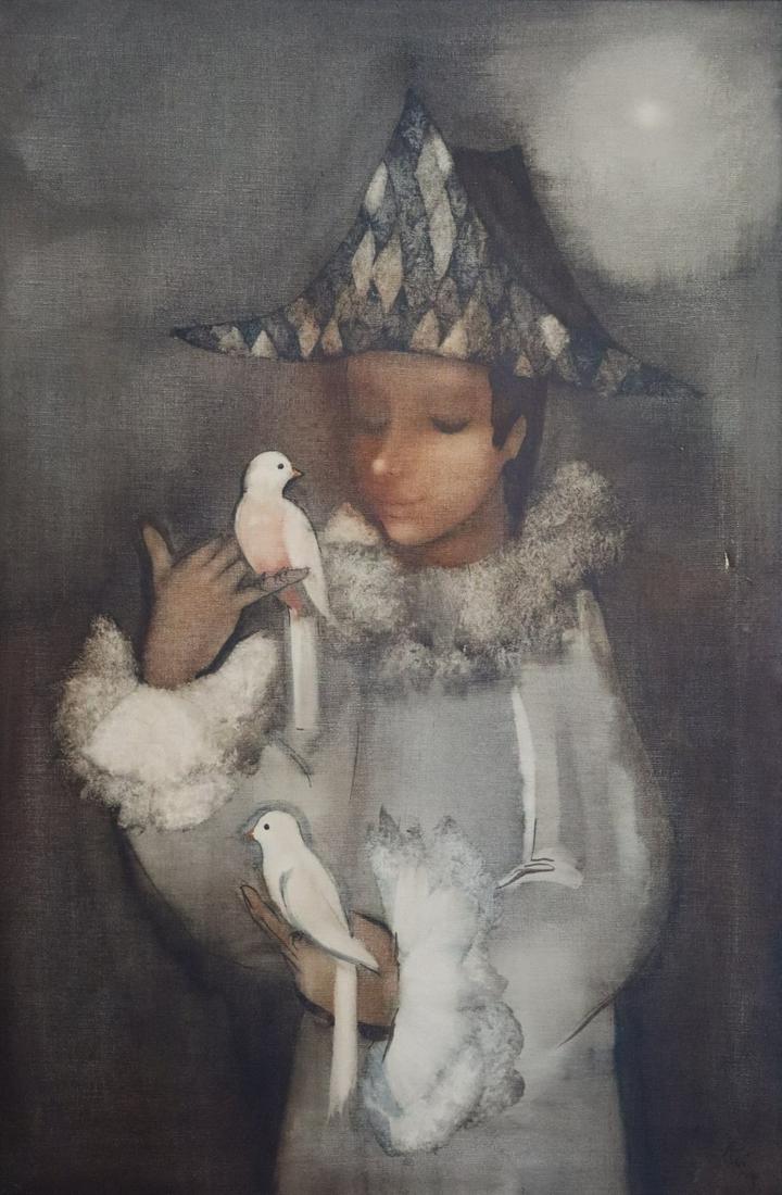 ILLEGIBLY Signed Oil On Canvas Boy With Doves. (1 of 4)