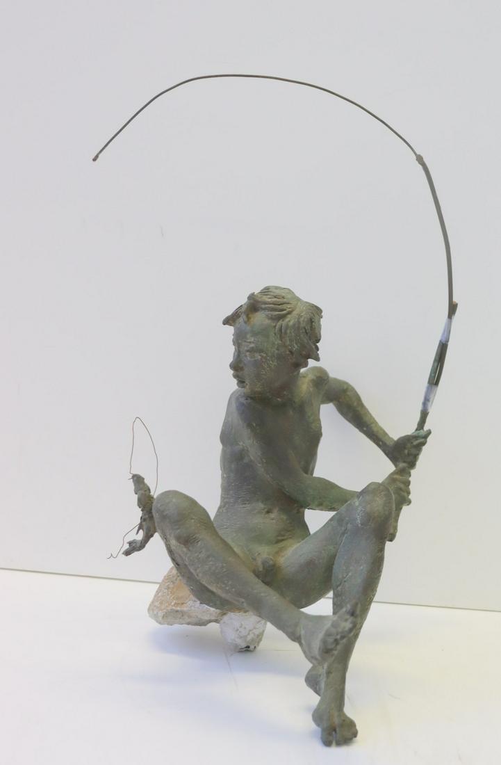 Unsigned Bronze Of A Boy Fishing. (1 of 5)