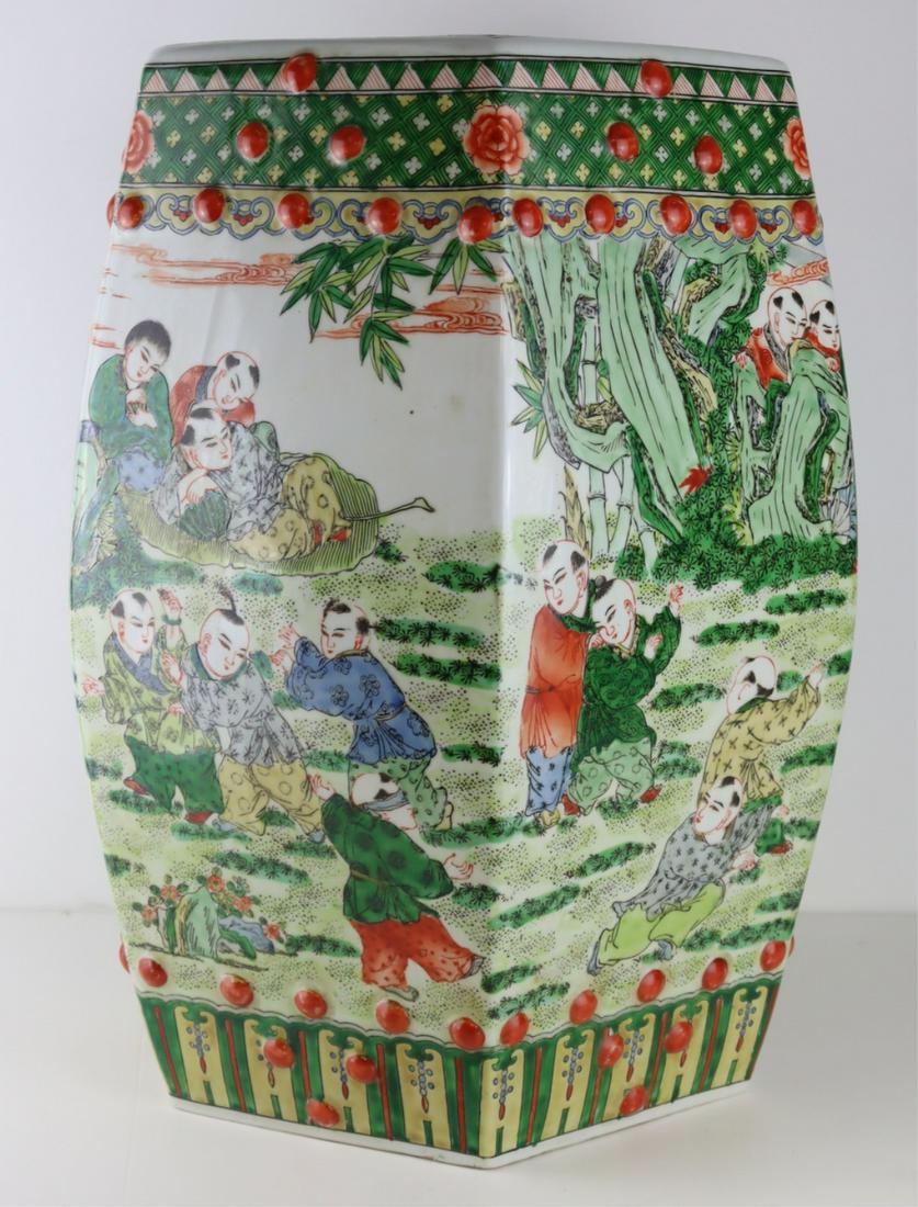 Chinese Famille Verte Garden Seat.: 20th century. From a Scarsdale, NY estate. Dimensions: 11.5" w x 12.5" d x 18.25" h.