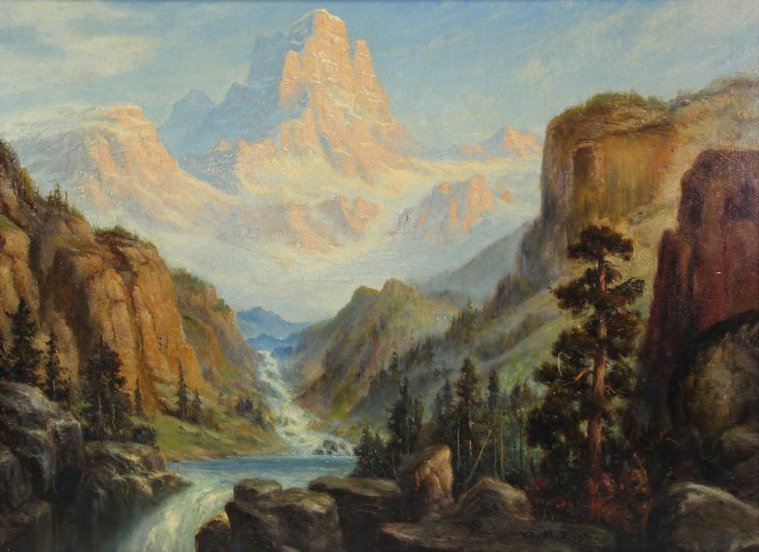 G.B. FOX (AMERICAN, 19TH/20TH CENTURY).: Oil on Masonite. "In the Hills". Signed lower right. From an NYC Cultural Institution. - Dimensions: 24" high x 32.5" wide