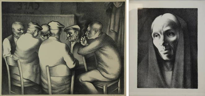 KENNETH MILLER ADAMS (AMERICAN, 1897-1966).: Pair of Lithographs. To include: "Card Players", signed lower right, no. 40 from an edition of 100, 18" high x 24" wide, toning, slight spotting; Portrait of a Woman, unsigned, 19&