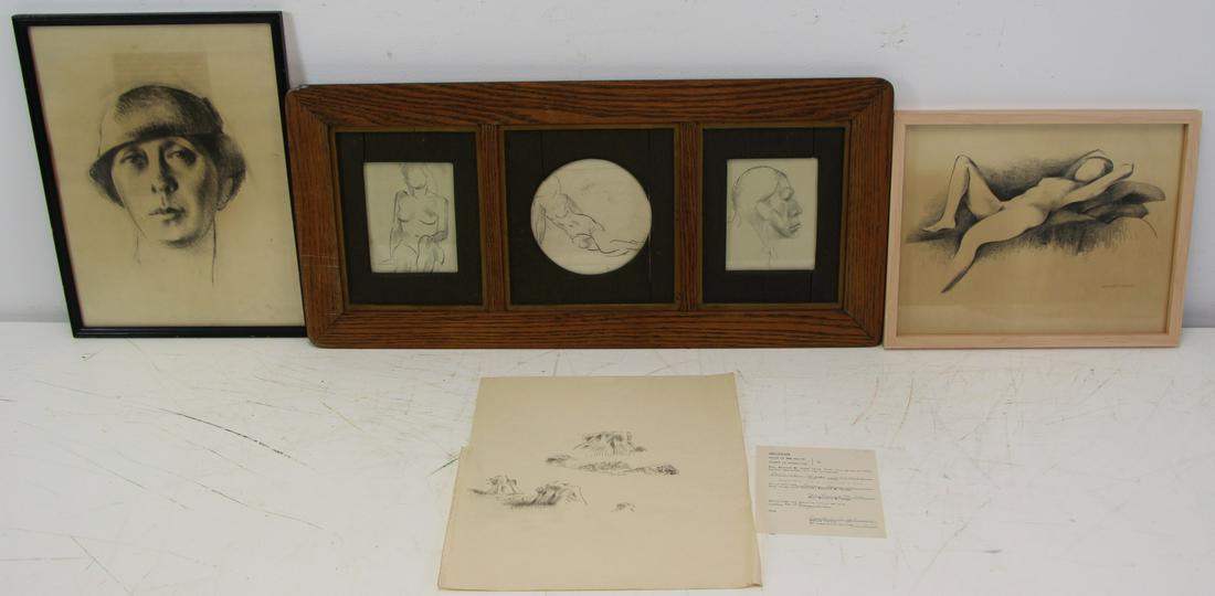 KENNETH MILLER ADAMS (AMERICAN, 1897-1966).: Grouping of Six Drawings. Portrait of the Artist's Wife, 15.5" high x 11.5" wide; Nude, 5.5" high x 4.5" wide; Reclining Nude, 4.75" high x 6" wide; Man in Profile, 5.5&q