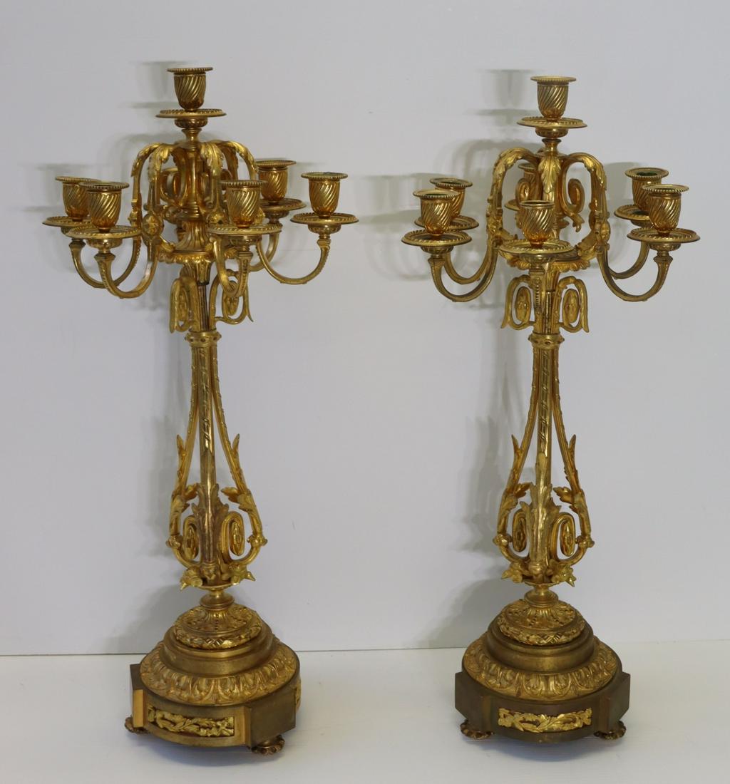 Pair Of Fine Quality Antique Dore Bronze: Candelabra. Nice large size and great patina. From a Staten Island waterfront estate. - Dimensions: 28"H x 13"