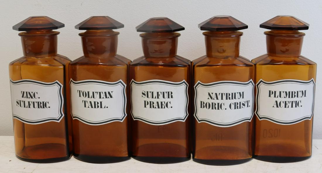 5 Antique Amber Glass lidded Apothecary Jars (1 of 6)