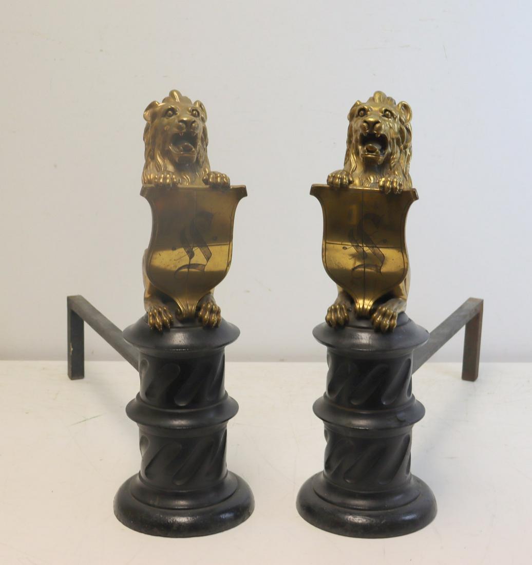 Pr Of Large Gilt Metal & Marble Lion Form Andiron (1 of 9)