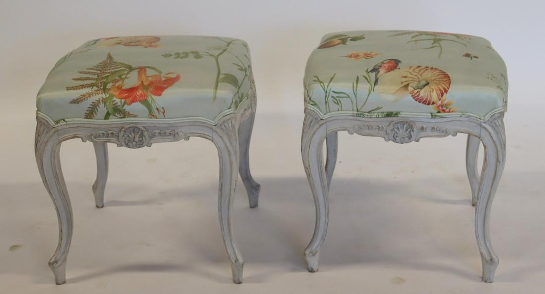 A Pair Of Painted And Upholstered Louis XV Style: Tabouret. From a Croton on Hudson estate. - Dimensions: 17" x 17.5" x 17.5"