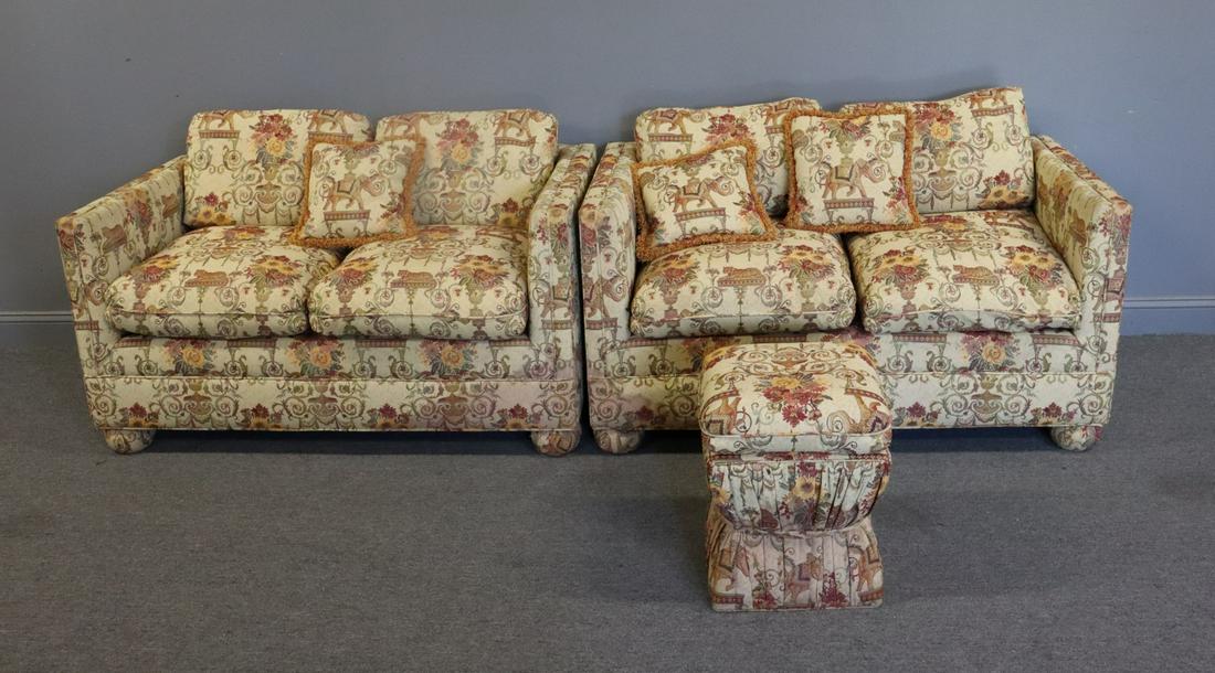 Vintage Pair Of Versace Style Upholstered Settees: And Ottoman (14.5" h x 18" x 14" d). From a Staten Island waterfront estate . - Dimensions: 28" h x 54" w x 28.5" d