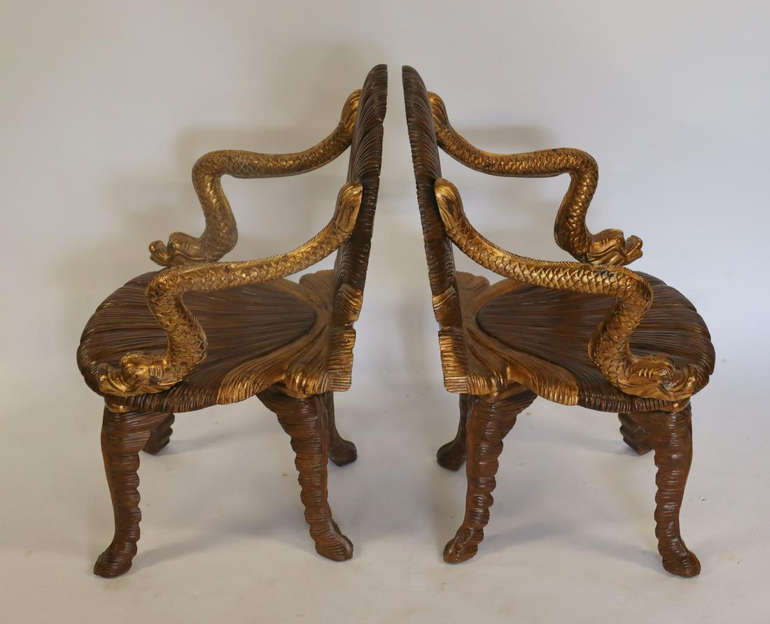 Pair Of Carved Italian Grotto Chairs With Dolphin: Arms. From a Staten Island waterfront estate. - Dimensions: 36"H x 23" x 23.5"